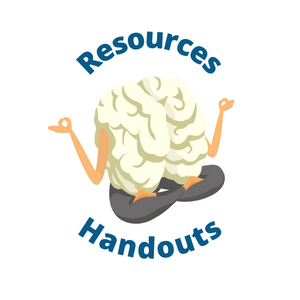 Brain meditating, text reads resources and handouts 
