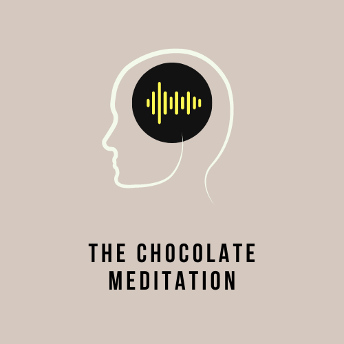 head outline with audio waves, text reads the chocolate meditation 