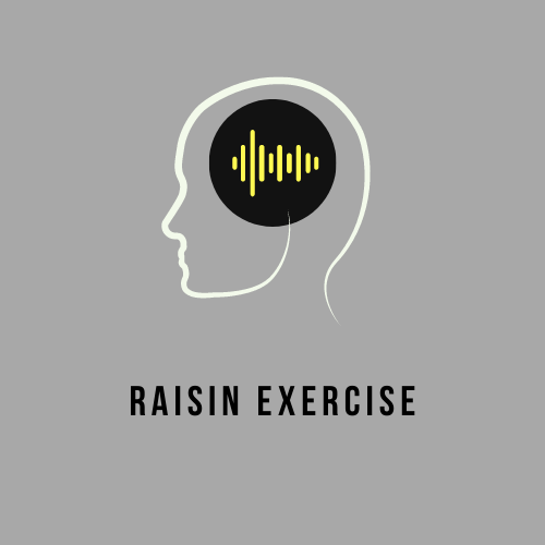 head outline with audio waves, text reads raisin exercise 