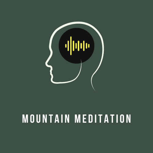 head outline with audio waves, text reads mountain meditation 