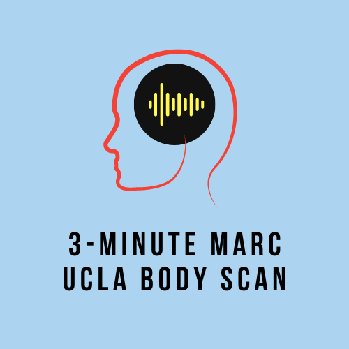 head outline with audio waves, text reads 3-minute MARC UCLA Body Scan