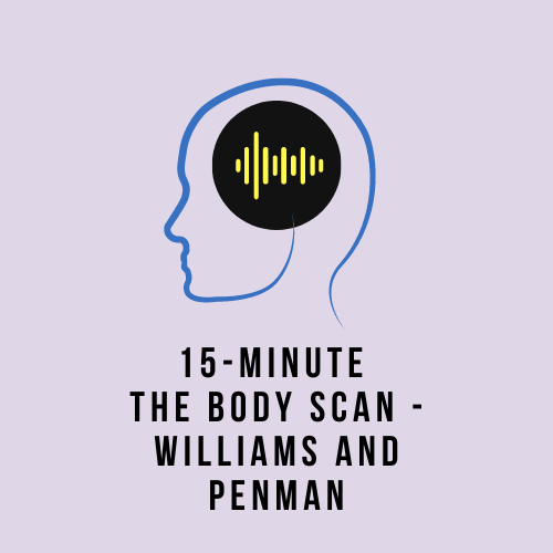 head outline with audio waves, text reads 15-minute The Body Scan-Williams and Penman