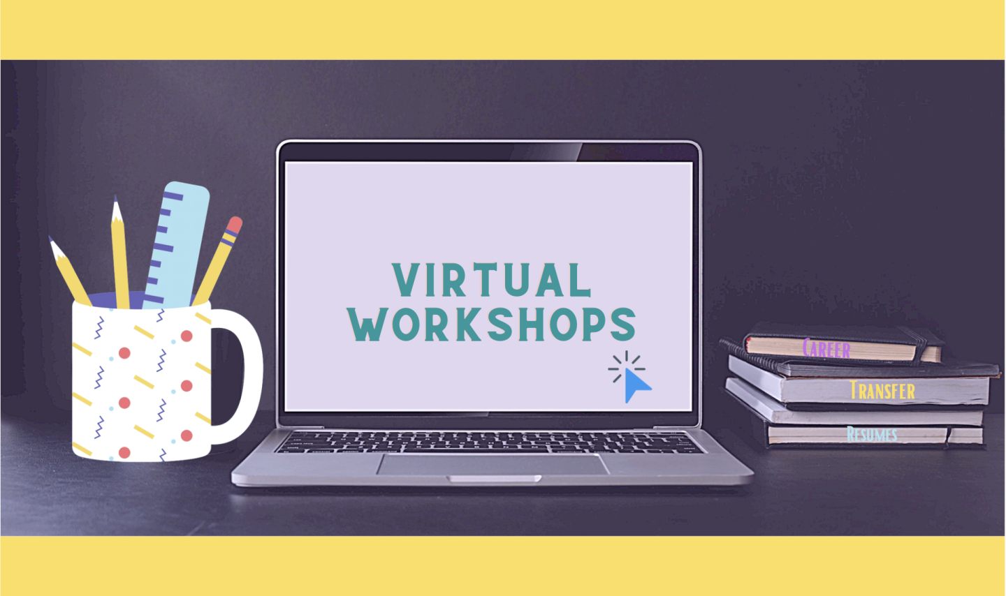 Virtual Workshops Laptop, books and mug