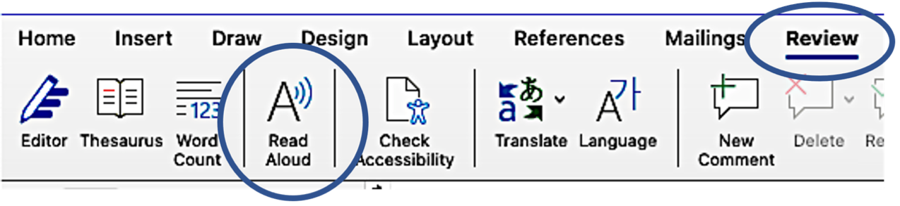 Screenshot, Microsoft Word, focus placed on the Review Ribbon and the Read Aloud feature. 