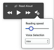 Read Aloud Play Controls, The settings option is show, offering ability to change the voice and speech rate. 
