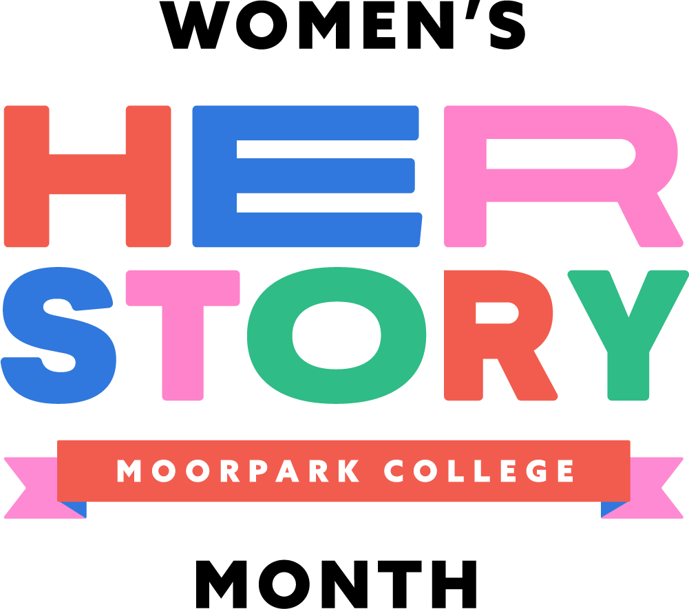 Herstory Moorpark College logo in pink, green and blue
