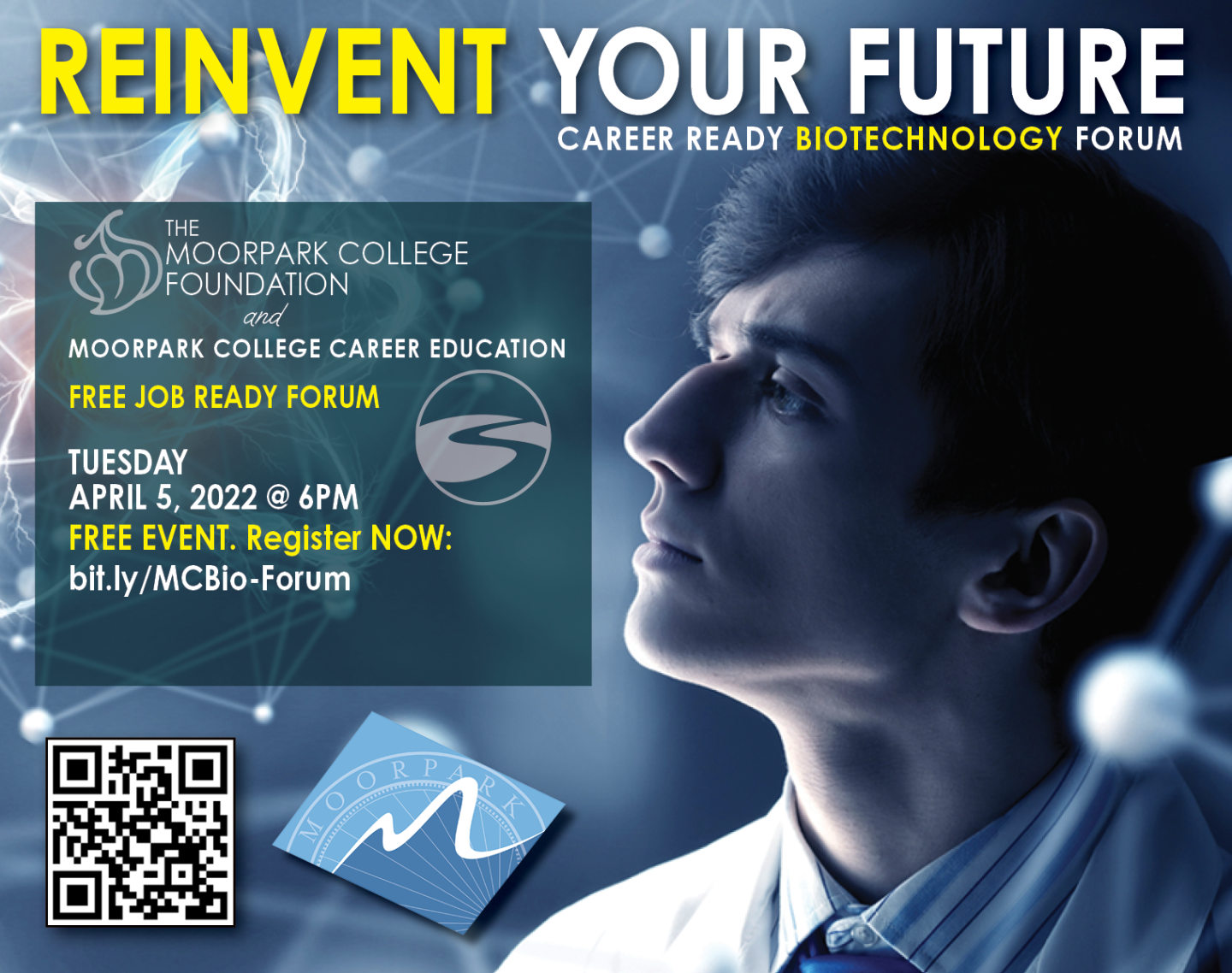 Promotional graphic for 6 p.m., April 5, Moorpark College Foundation Job Ready Alumni Forum, presented by Moorpark College Career Education. 