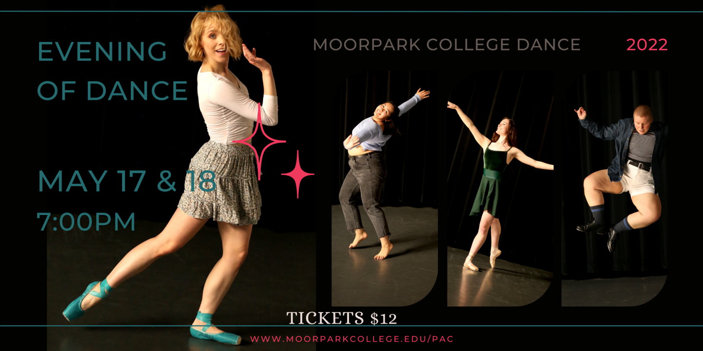 Image of dancers using various dance styles to promote Evvening of Dance Spring 2022 on May 17 & 18 at MCPAC