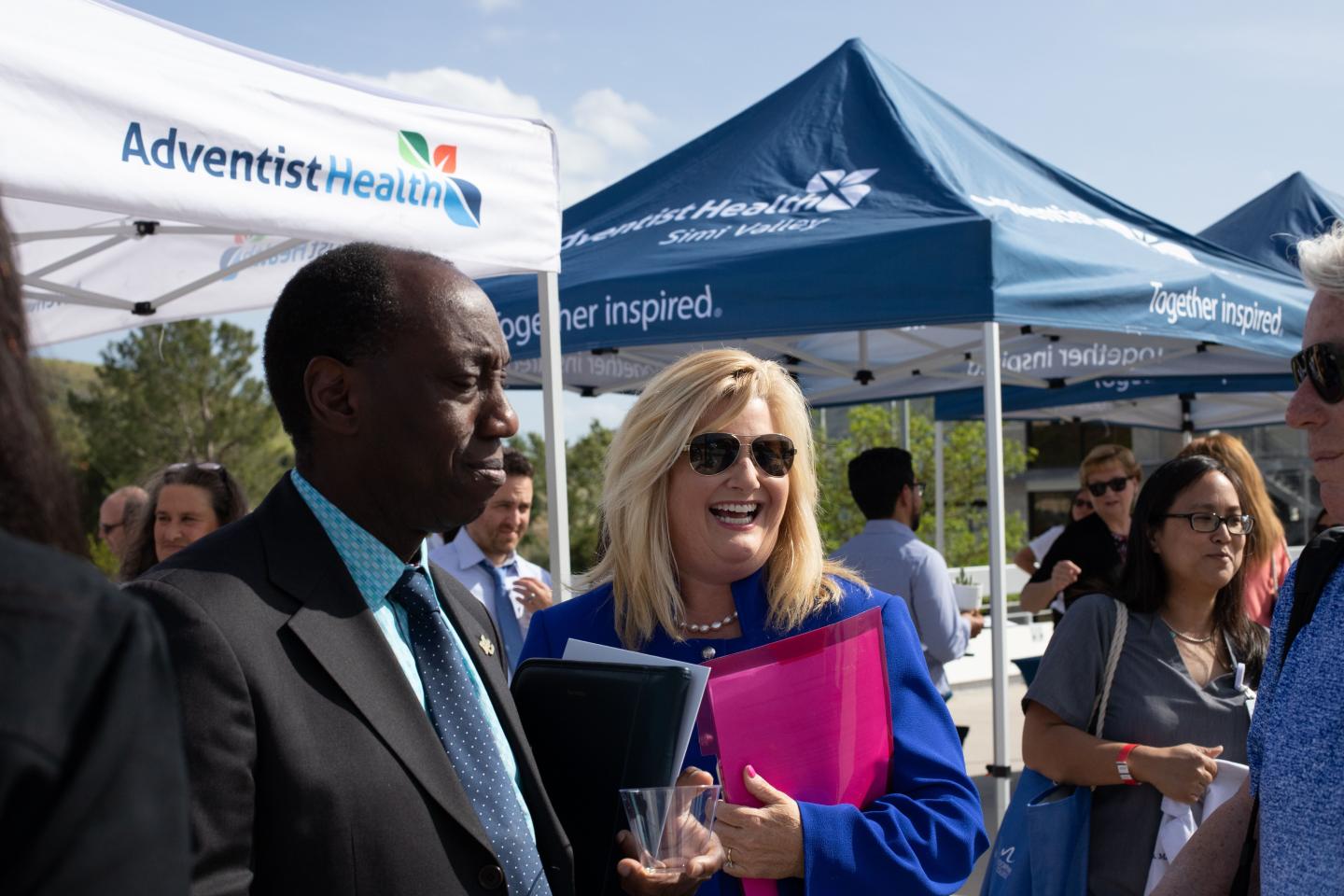 Dr. Julius Sokenu, Moorpark College President, and Jennifer Swenson, President of Adventist Health Simi Valley prepare to speak at an April 11 event to announce a multi-year partnership between Adventist Health Simi Valley, Moorpark College, Moorpark College Foundation and Ventura County Community College District.