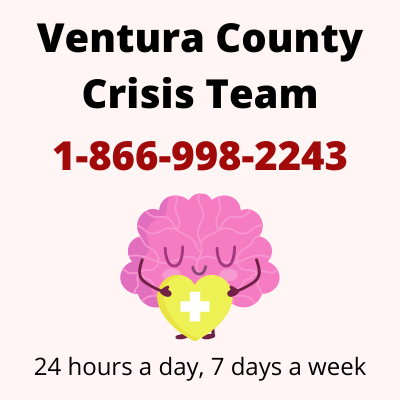 Brain holding a heart with a medical symbol. Text reads: Ventura County Crisis Team 1-866-998-2243. 24 hours a day, 7 days a week