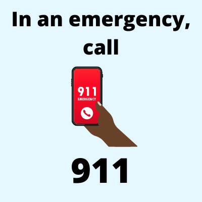 Hand with phone dialing 911. Text reads: In an emergency, call 911