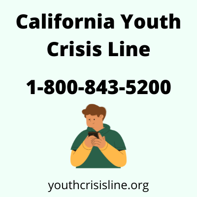 Person on phone. Text reads: California Youth Crisis Line 1-800-813-5200. youthcrisisline.org