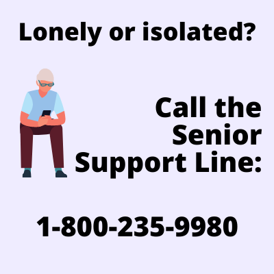 Person on phone. Text reads: Lonely or isolated? Call the senior support line 1-800-235-9980
