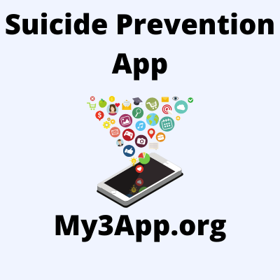 Phone with apps coming out from the screen. Text reads: Suicide prevention app. My3App.org