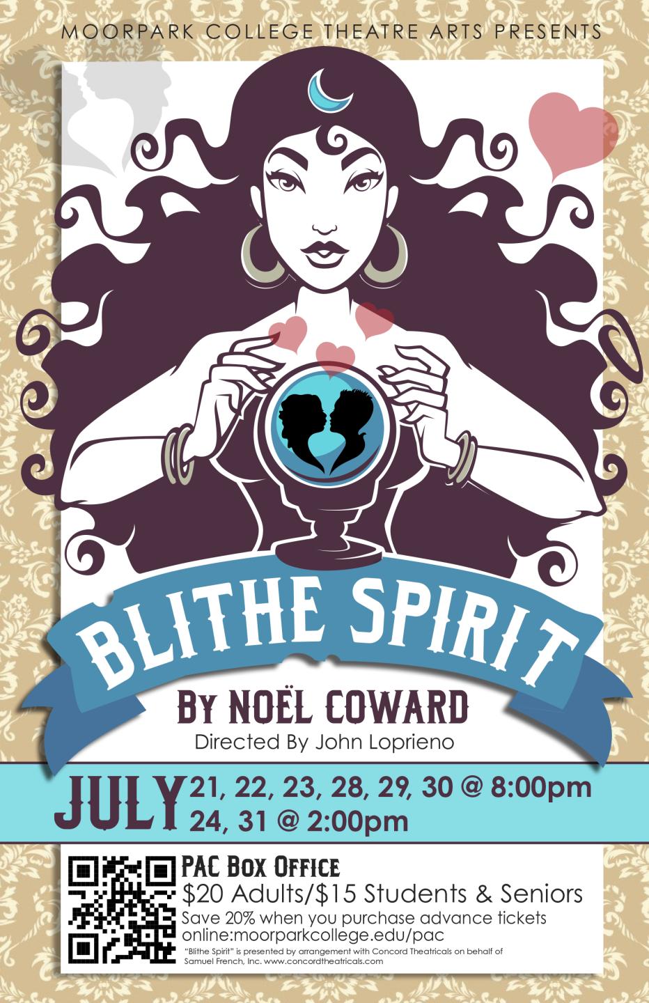 An image of a medium with a crystal ball showing 2 lovers is used to promote performances of "Blithe Spirit" written by Noel Coward and performing at MC PAC July 21-31, 2022.