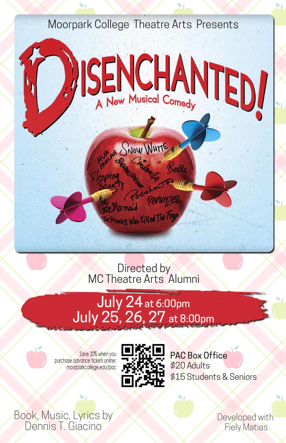 Image of darts embedded in an apple and on it is written names of various Disney princesses who are "Disenchanted". Performances July 24-27, 2022 at MC PAC.