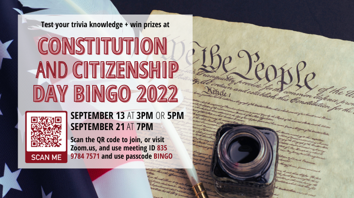 Constitution and Citizenship Day Bingo 2022 taking place via Zoom