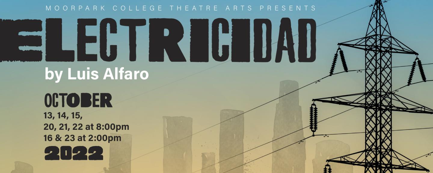 Banner Image showcasing performance dates of Electricidad by Luis Alfaro. Performances October 13-23, 2022. Cityscape on a blue background.