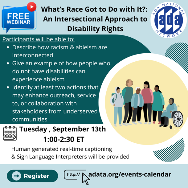 Flyer for Sep 13 4:00-6:30 ADA Intersectional Approach to Disability Rights Webinar