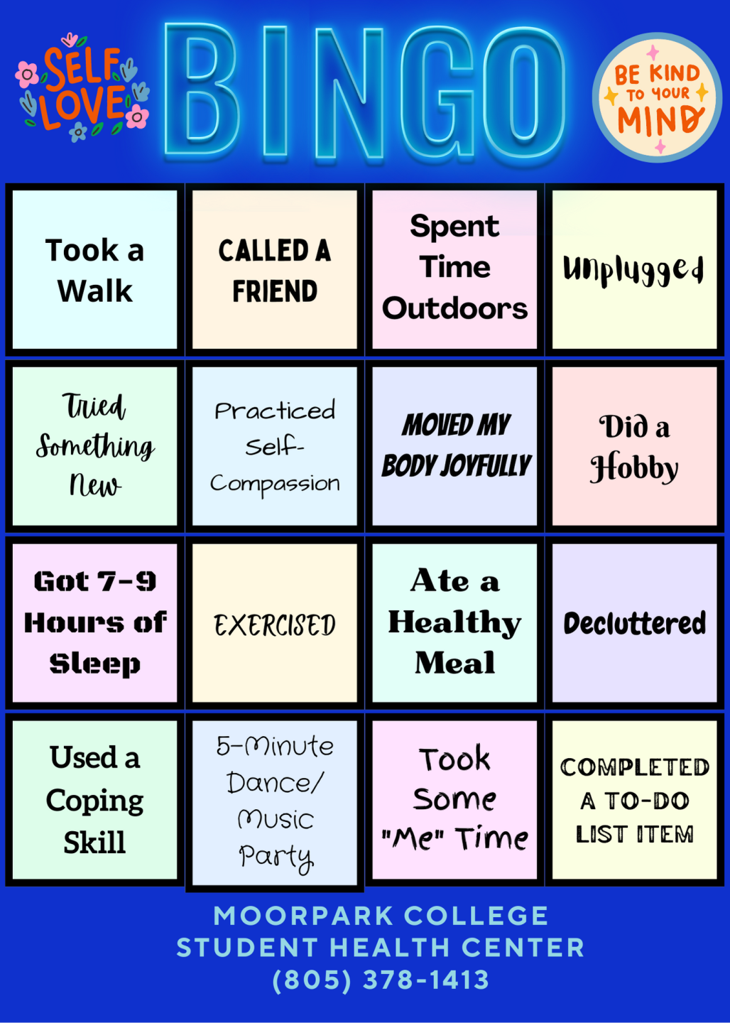 BINGO card with self-care tasks. Accessible version available via PDF. 
