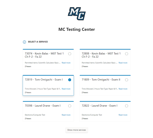 Moorpark College Testing Center Appointment Scheduler Page (Part 1 of 4).  Text reads: "Select a Service" and includes several examples of Tests identified by Course CRN, Test Title, and Instructor Name.