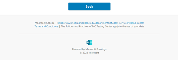 Moorpark College Testing Center Appointment Scheduler Page (Part 4 of 4).  Nutton text reads: "Book".