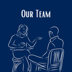 Two people talking. Text reads: our team