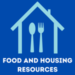 Fork and spoon in house. Text reads: food and housing resources