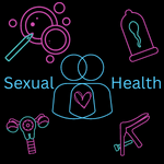 sexual health images like a condom and magnifying glass. Two people with a heart. Text reads: sexual health