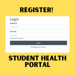 Registration portal. Text reads: Register! Student Health Portal 