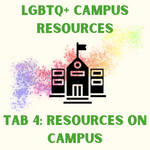 rainbow with building. Text reads: LBGTQ+ campus resource. Tab 4: Resources on campus