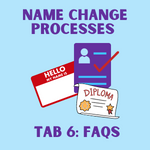 name tag, diploma, paper. Text reads: name change processes. Tab 6: FAQs