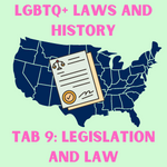 map of US with paperwork over it. Text reads: LGBTQ+ laws and history. Tab 9: legislation and law