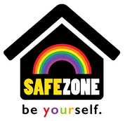 SAFEZONE logo. House with rainbow. Text reads: SAFEZONE be yourself