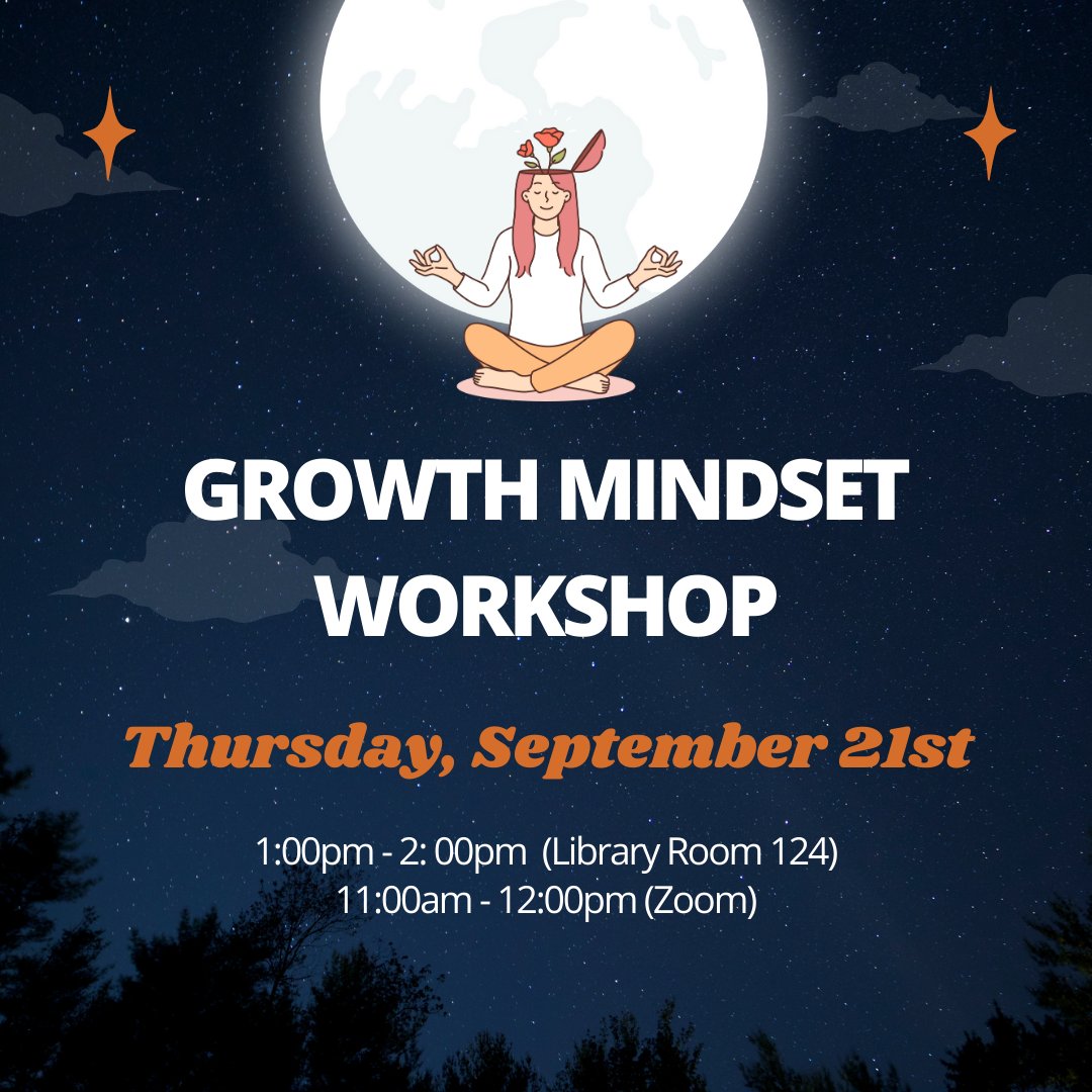 Growth Mindset; Thursday, September 21st 1pm - 2pm Library Room 124; 11am-12pm Zoom