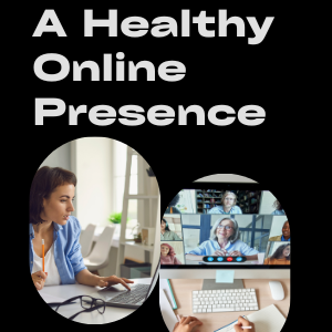 individuals sitting in an online class. Text reads: A health online presence 