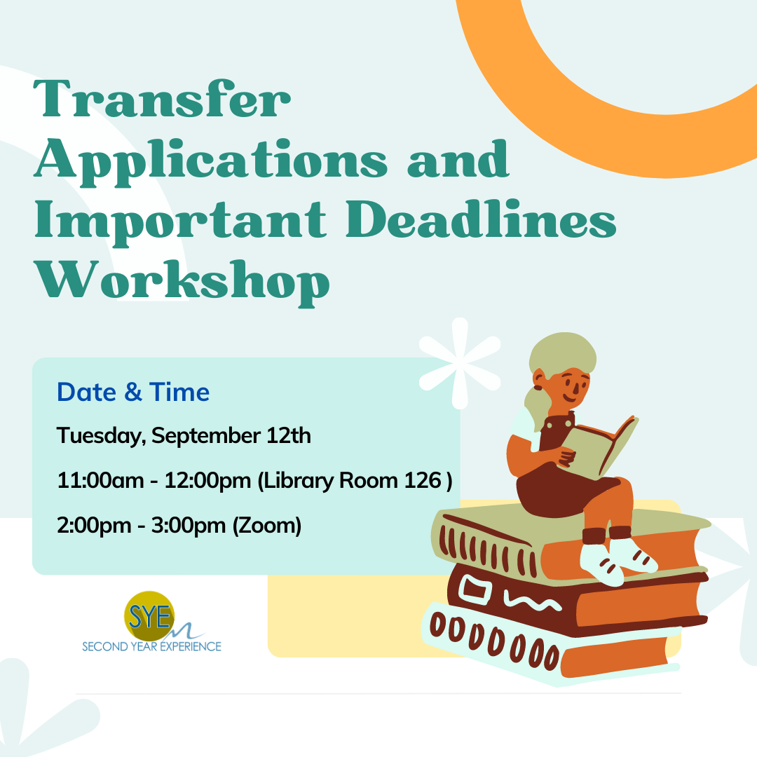 Transfer Applications and Important Deadlines; Tuesday, September 12th 11am-12pm Library Room 126; 2pm-3pm Zoom