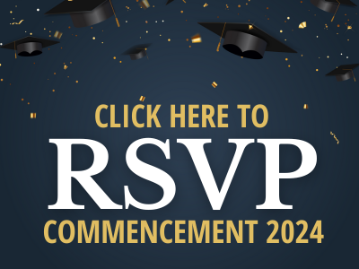 Button says Click here to RSVP for Commencement 2024 and shows graduation caps in the background.