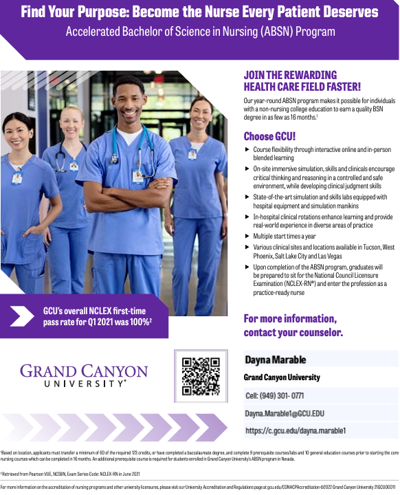 Grand Canyon University Accelerated Bachelor of Science in Nursing Program flyer