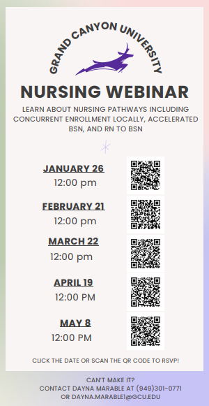 Grand Canyon University Nursing Webinar dates and times