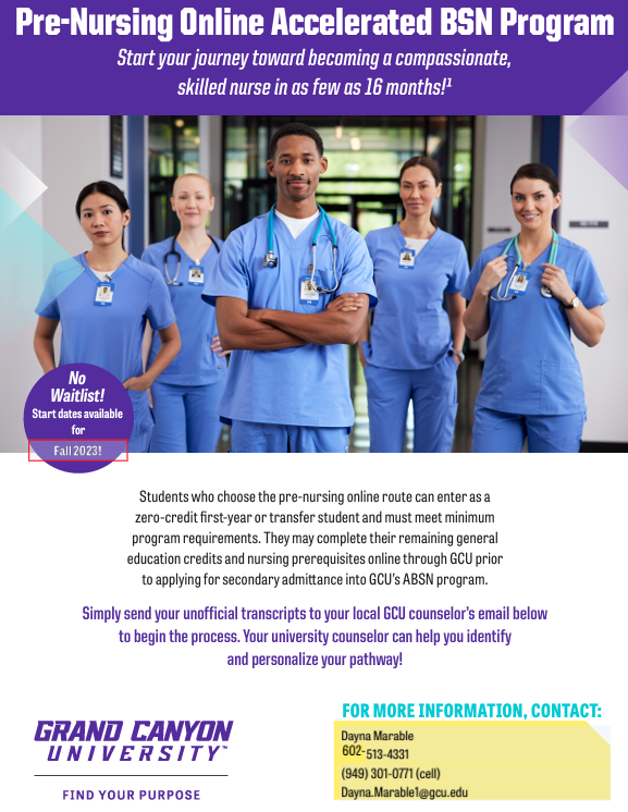 Grand Canyon Online Accelerated BSN Program flyer