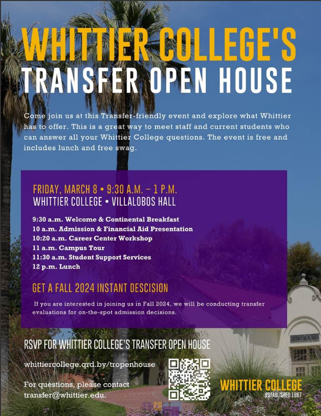 Whittier College Transfer Open House March 8th 