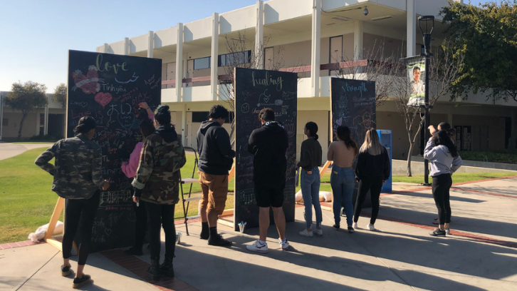 Group of people standing in front of oversized chalkboards