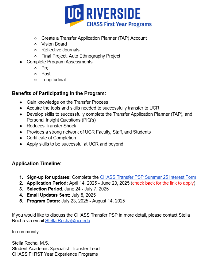 UCR CHASS First Year Program page 2