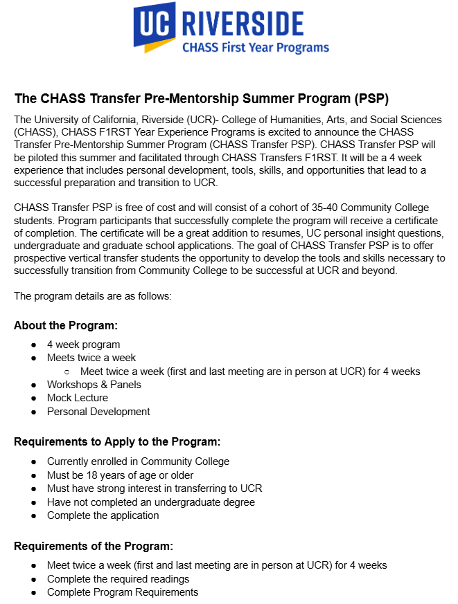 UCR CAHSS First Year Program page 1