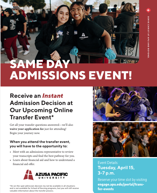 Azusa Pacific U Same Day Admissions Event