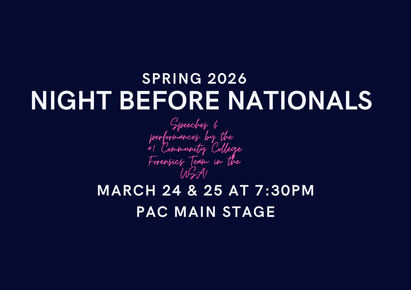See the Moorpark College Forensics Team in action before they compete in Nationals. March 24 & 25, 2026 at 7:30pm in the Performing Arts Building, Main Stage Theater. Tickets are $20 for Adults and $15.00 for Students. Purchase advance tickets online and save 10%.