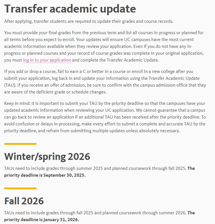 Transfer Academic Update (TAU)