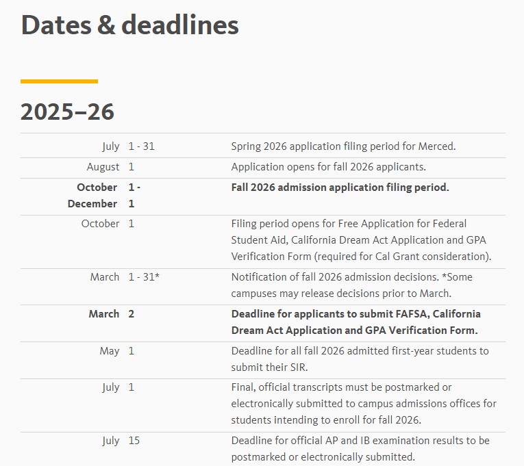 UC Dates and Deadlines 2025-26