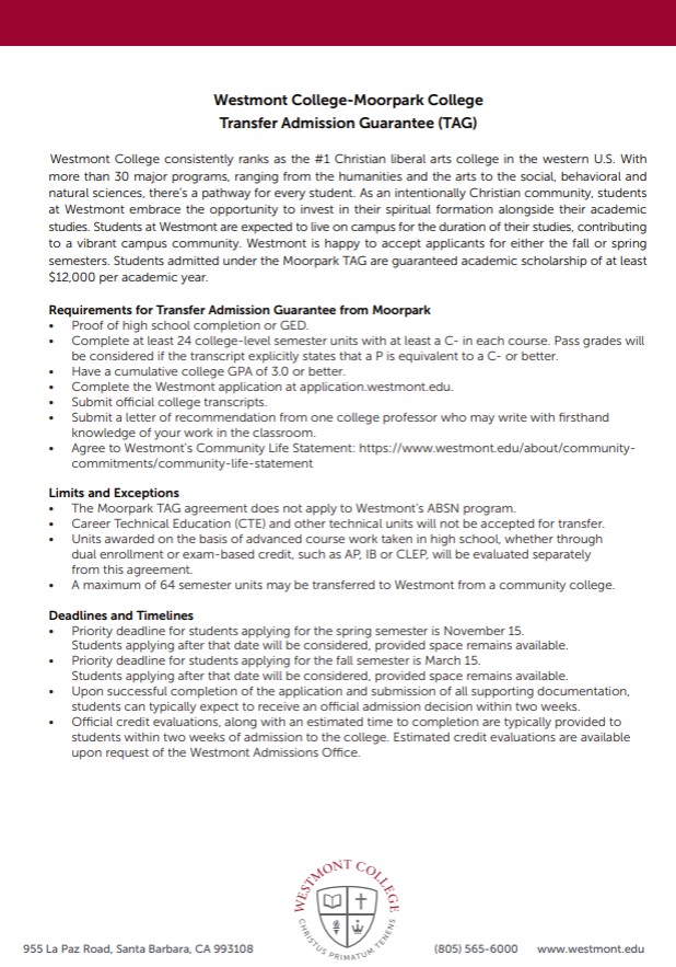 Westmont College and Moorpark College Transfer Admissions Guarantee